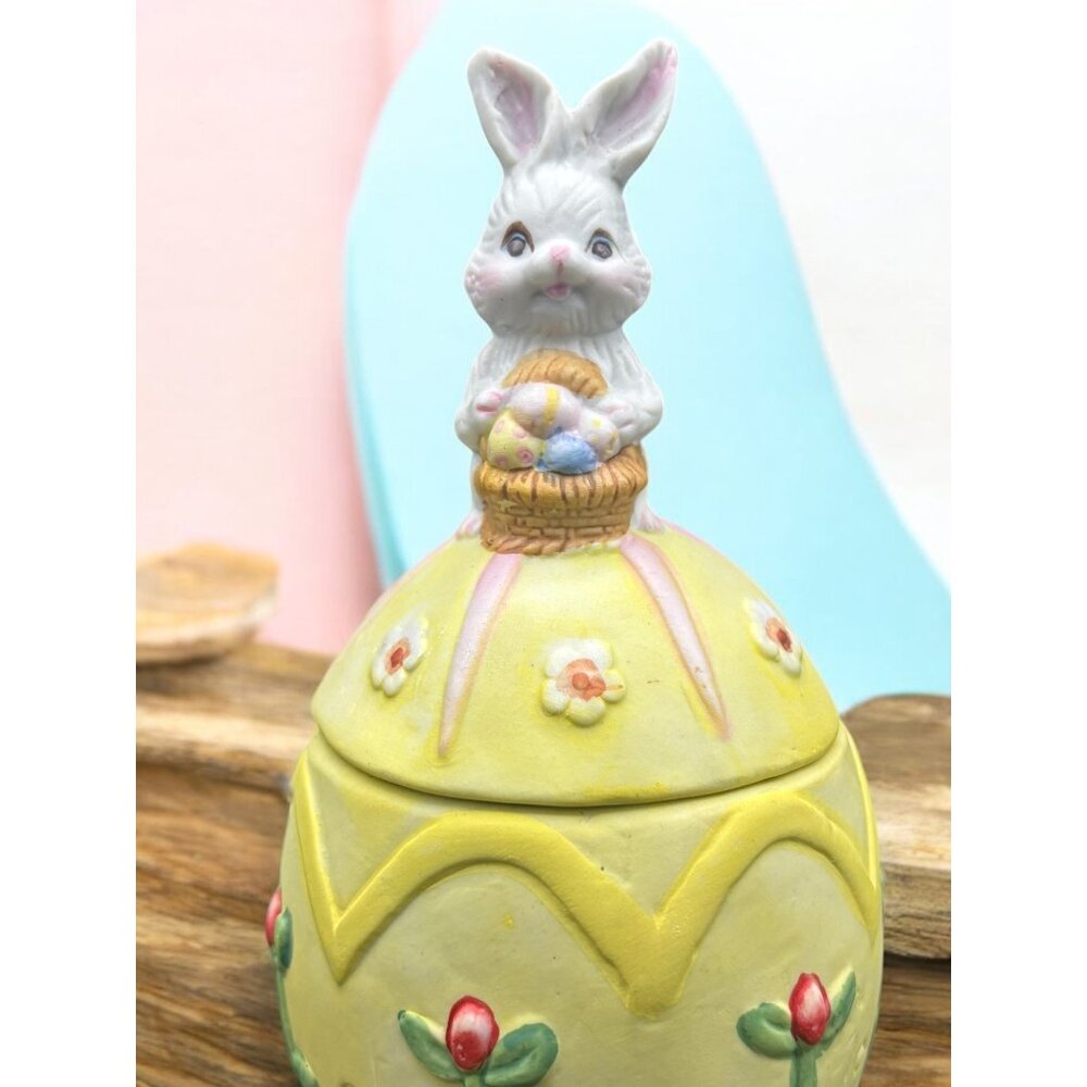 Vintage Porcelain Easter Bunny Easter Egg Shape Covered Box Dish Trinket Dish